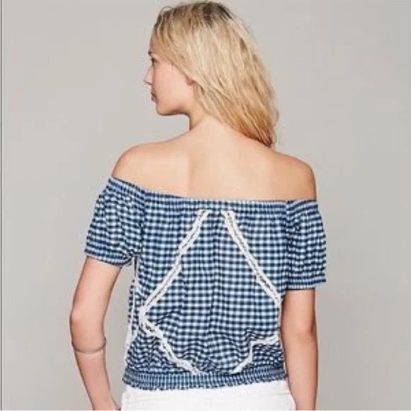 EUC Free People Blue Gingham Off-Shoulder Top Small / Medium - Picture 2 of 11